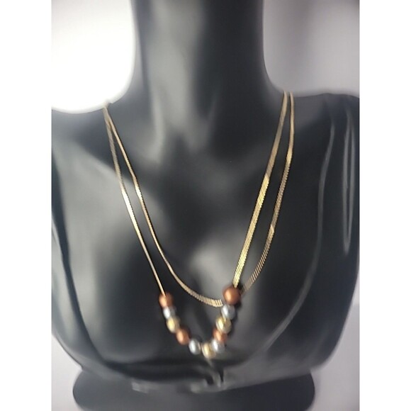 Vintage Gold Tone Multi Strand Chain Necklace Beaded Jewelry Costume - Picture 2 of 10